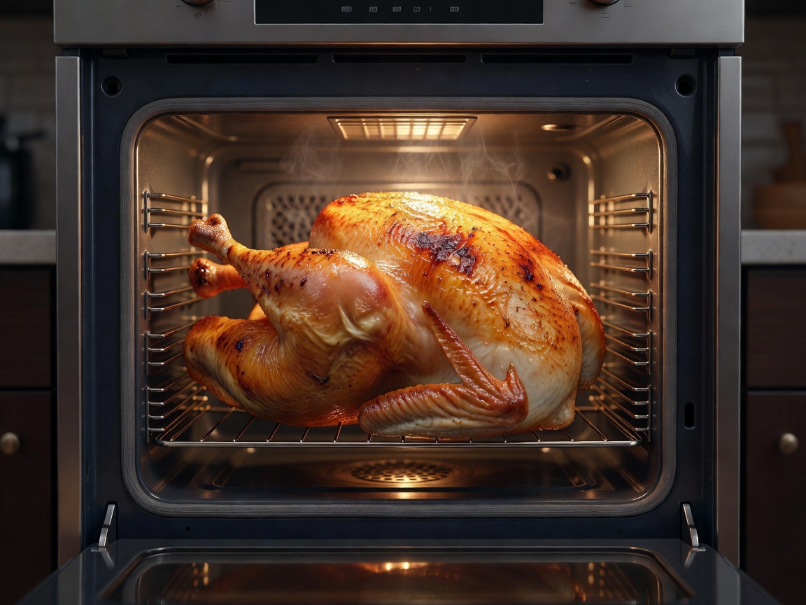 Render of a large turkey in a compact 24 inch built-in oven